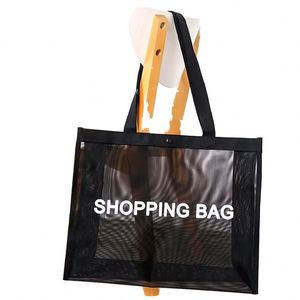 Sac fourre-tout en nylon durable et réutilisable avec fermeture à bouton-pression, logo personnalisé, grand sac de courses en maille transparente, longue poignée, motif lettres - Product Image 1