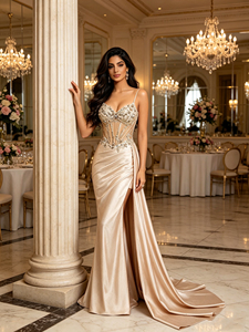 Abito da ballo <span class=keywords><strong>a</strong></span> <span class=keywords><strong>sirena</strong></span> color oro champagne, direttamente dalla fabbrica, <span class=keywords><strong>con</strong></span> corsetto trasparente, ricami 3D di paillettes, in raso, <span class=keywords><strong>con</strong></span> <span class=keywords><strong>spacco</strong></span> alto e allacciatura posteriore. - Product Image 4