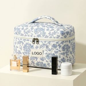 Floral Quilted Custom Logo Cosmetic <b>Large</b> Capacity Travel Toiletry Organizer Pouch <b>Makeup</b> <b>Bag</b> With Handle - Product Image 3
