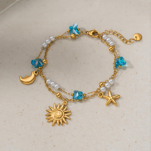 Bracelet en acier inoxydable plaqué or 18 carats avec étoile de mer, <span class=keywords><strong>soleil</strong></span>, <span class=keywords><strong>lune</strong></span>, papillon bleu, cristal <span class=keywords><strong>et</strong></span> perle, double couche, anti-ternissement, bijoux bohèmes - Product Image 3
