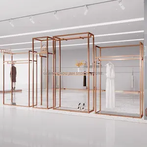 Retail Square Tube Rose Gold Clothing Display Rack Shop Fitting Clothes Display Garment Boutique Women Clothing Rack With Shelf