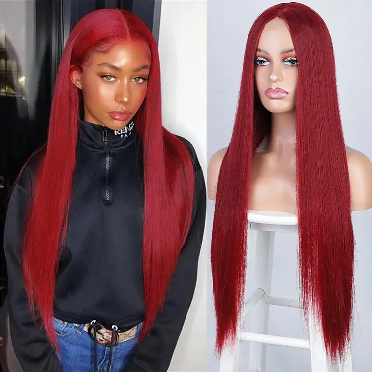Синтетический парик с длинными прямыми волосами, бордовый женский натуральный парик из термостойкого волокна средней длины