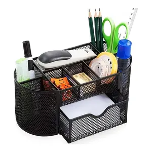 Mesh Desktop Organizer Desktop Office Supplies Multifunctional Pen Holder Stationery Box with 8 Compartments and 1 Drawer