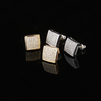 Boucles d'oreilles clous carrées en laiton doré et argenté, entièrement pavées de zircone micro-pavée, pour la mode hip-hop et les soirées