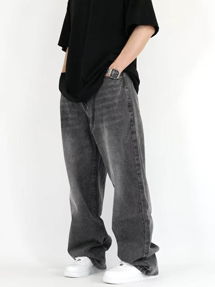 Men's Vintage Baggy Wide Leg Denim Pants Button Casual Loose Straight ...