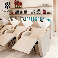 Station de lavage de cheveux moderne haut de gamme personnalisée pour salon de coiffure et institut de beauté, fauteuil de lavage avec cuvette en céramique