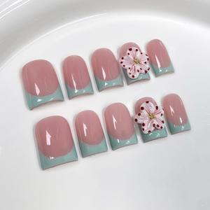 <span class=keywords><strong>Uñas</strong></span> Postizas Acrílicas Cortas Cuadradas en 3D <span class=keywords><strong>con</strong></span> Diseño de <span class=keywords><strong>Flores</strong></span>, Estilo Francés <span class=keywords><strong>Nude</strong></span>, Reutilizables, Hechas a Mano, Personalizadas - Product Image 2