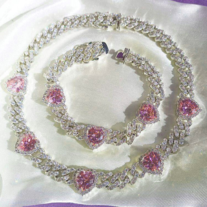 Lớn Màu Hồng Trái Tim Lãng Mạn Nữ Cô Gái Vòng Cổ Vòng Tay Bông Tai Nhẫn Set Cuba Chuỗi Paved Rõ Ràng Cubic Zirconia Trang Sức Bộ - Product Image 5