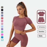 Ensemble deux pièces de sport professionnel pour femme : tenue de yoga sans couture en Spandex/Nylon, short à taille élastique et haut à manches courtes pour la gym et le fitness