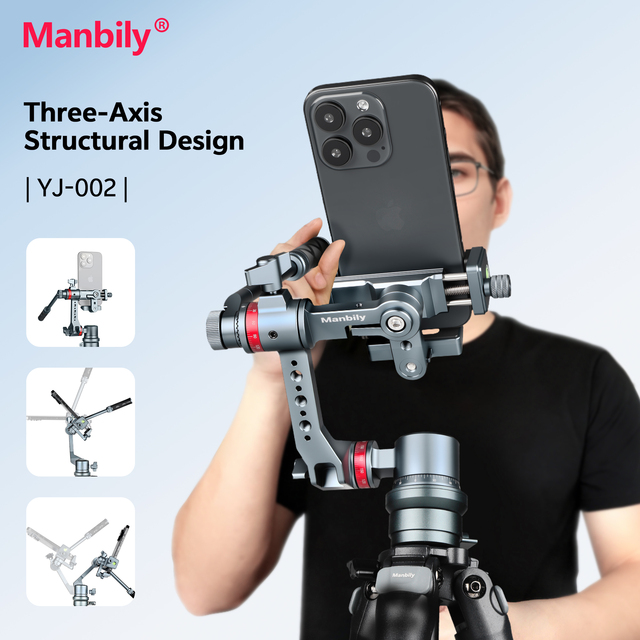 Manbily YJ-002 Phone Gimbal Tripod Head, 360° Rotation Tilt, Aluminum Universal Holder 3-Axis Stabilizer Phone Gimbal Stand