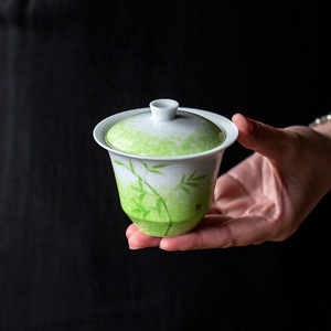 Green Glazed Porcelain Gaiwan With Lid Hand Painted Bamboo Kung Fu <b>Tea</b> <b>Set</b> Household <b>Tea</b> Bowl Teacup - Product Image 1
