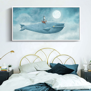 Personnalisé Bleu Ciel Blanc Lune Nuit Dessin Animé Mur Art Énorme Baleine Photo Impression Toile Abstraite Aquarelle Style Enfants Peinture Animal - Product Image 4