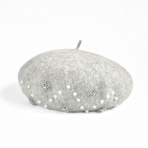 Nouveau Béret en Laine Grise pour Femme, Automne Hiver, Style Décontracté, en Polaire Doux, avec Fleur Cousue Main et Perles Lourdes, Effet 3D - Product Image 3