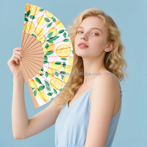 Éventail pliant en bois de citronnier 23 cm, en tissu espagnol, pour femmes, en bambou, vente en gros - Product Image 1
