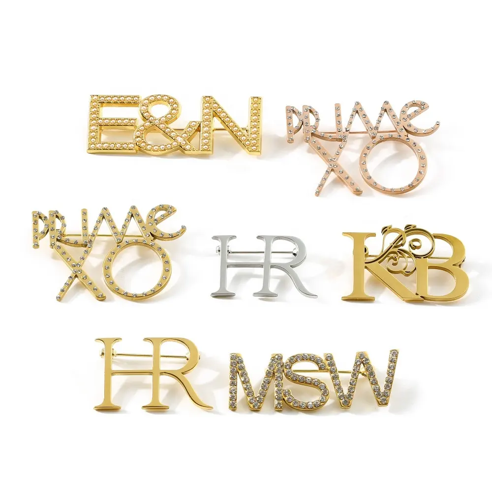 Custom stainless steel Gold Silver rhinestone Broches Pins Brooches/metal broaches Women Brooch/letter brooch Pin