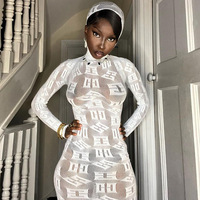 Style See Through Mesh Stitching Letters Robes Femmes Lady Women Clothing Cut Out Mini Dresses Mini Bodycon Dre