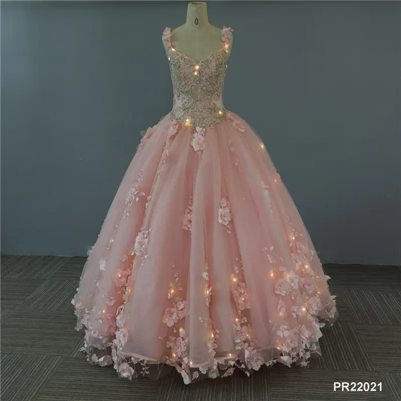 Handmade ánh sáng lên Bling màu hồng Rỗng ra backless dây buổi tối màu hồng đỏ màu xanh quinceanera váy bóng áo choàng