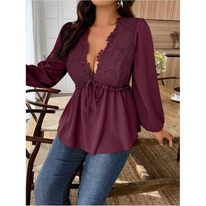 Blusa Personalizada para Mujer Talla Grande, Cuello en V Profundo, Manga Farol, Peplum con Volantes, Blusa Fluida de Chifón - Product Image 5