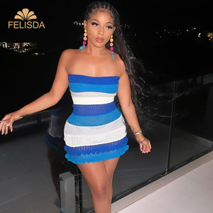 Vestido <span class=keywords><strong>de</strong></span> tubo <span class=keywords><strong>de</strong></span> punto para mujer elegante verano Patchwork rayas volantes dobladillo ajustado elástico Bodycon Clubwear Sexy Night Club Vestido corto - Product Image 1