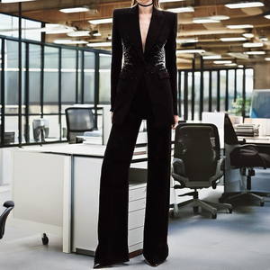 Maßgeschneiderter Neuer Design Spandex Strass-Knopf Reißverschluss Bleistift-Hosen Jacke Lässiger Zweiteiler Weiß Unifarben Gefärbter Damen-<span class=keywords><strong>Blazer</strong></span>-Anzug - Product Image 2