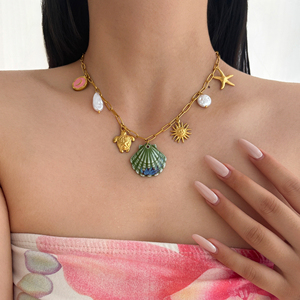 Collar MYNECK SUMMER <span class=keywords><strong>BINIKI</strong></span> JEWELRY con Colgante de Concha Rosa, Chapado en Oro de 18K, Acero Inoxidable, Alta Retención de Color, Estilo Hawaiano - Product Image 1