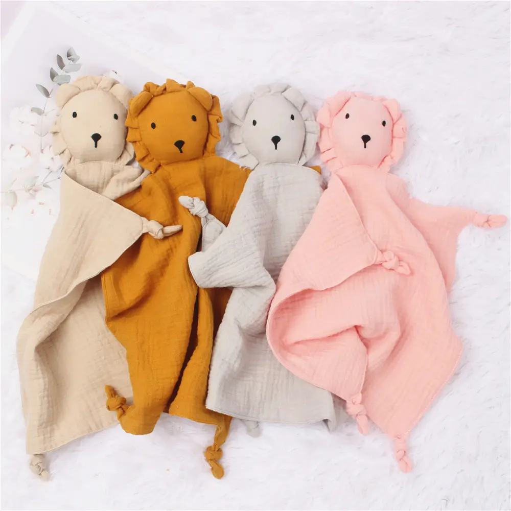 100% 년 면 귀여운 새 매듭을 짓는 아기 담요 위안자 모슬린 사자 장난감