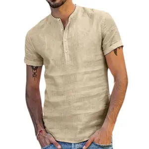 T-shirt manches courtes pour homme, vêtement de plage, mode décontractée, style Hippie, boutons, en lin et coton