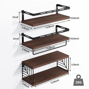 Set di Mensole Galleggianti da Parete in Stile Rustico per <span class=keywords><strong>Bagno</strong></span> e Cucina, Scaffali in <span class=keywords><strong>Legno</strong></span> <span class=keywords><strong>con</strong></span> Struttura in Metallo - Product Image 3