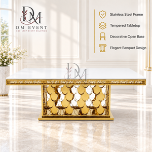 Mesa de Comedor Premium de Acero Inoxidable Dorado con Cubierta Blanca y Base Decorativa en Escalón, Proveedor Mayorista para Banquetes de Boda - Product Image 1