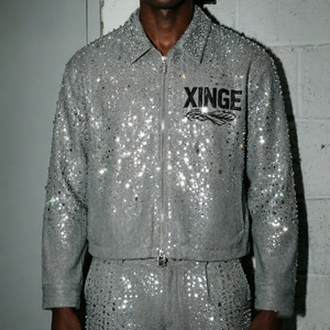 XINGE Manufacturer Custom Men's <b>Jacket</b> Casual All Over Print <b>Rhinestone</b> Diamonds Zip up Cotton Twill Canvas Crop <b>Jacket</b> Men - Product Image 1