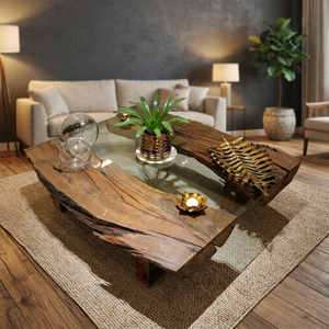 Mesa de Centro de Madera con Borde Natural, Tapa de Losa de Piedra Natural, Forma Irregular, Diseño Rústico para Uso en Interiores, Decoración para Sala de Estar u Hotel - Product Image 3
