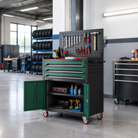 Chariot à outils à trois tiroirs, double porte, étagère réglable, panneau perforé, verrouillable, OEM ODM, armoire mobile roulante en métal pour garage et atelier