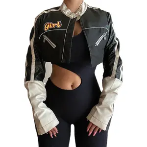 Jaket Kulit Pu Sepeda Motor Wanita, Jaket Kulit Pu Mode Baru 2022, Mantel Crop Ritsleting untuk Wanita, Jaket Pendek Kulit Perca