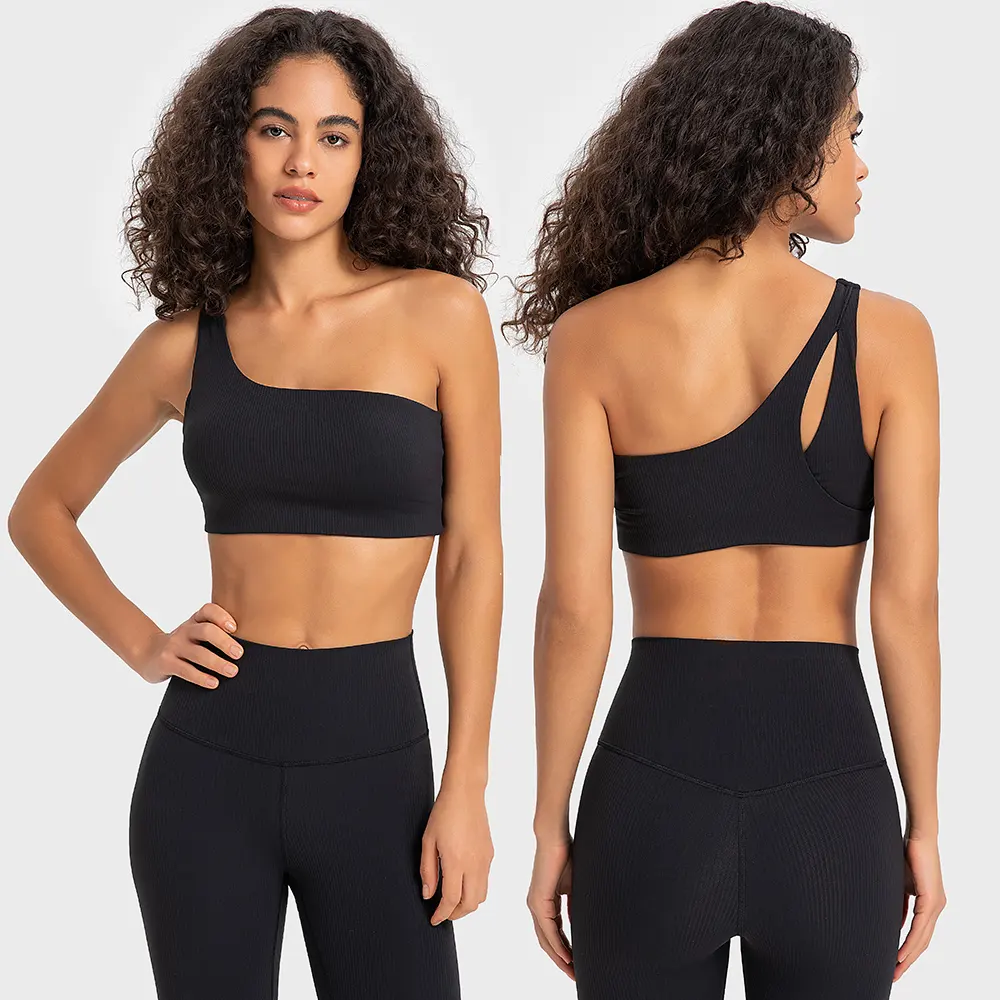 Diseño especial moda suave acanalado Crop Top espalda belleza un hombro sujetador Yoga chaleco mujeres sin mangas ahueca hacia fuera el chaleco deportivo