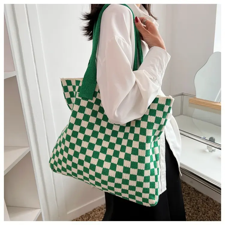 Nouveau sac à main tricoté femmes épaule sous les bras sac noir blanc damier sac grande capacité sac fourre-tout