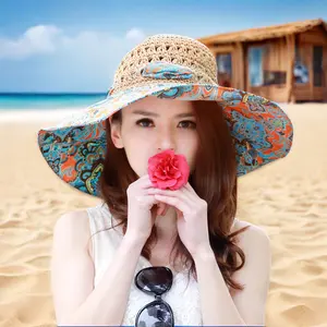도매 꽃 인쇄 챙 서핑 스타일 버킷 모자 부드러운 접이식 레이디 통기성 태양 해변 밀짚 모자