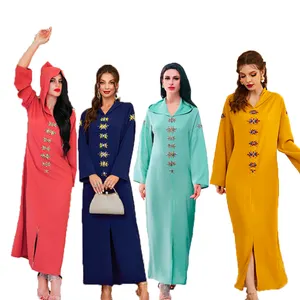2022 İslam müslüman bayanlar moda elbise uzun kollu elmas rahat gevşek ramazan abaya düz renk elbise