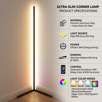 Lampe de sol d'angle LED minimaliste moderne à lumière ambiante RGB 24W ultra-mince au design métallique élégant, à intensité variable