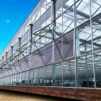 Serre agricole multi-chapelles en verre à structure galvanisée robuste, anti-vent, personnalisable et adaptée aux environnements difficiles, pour usage commercial