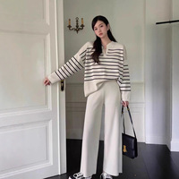 Nouvelle collection 2026 : Ensemble 2 pièces mode coréenne pour femme – Haut tricoté rayé ample et pantalon large décontracté à taille haute en maille drapée – Vente en gros