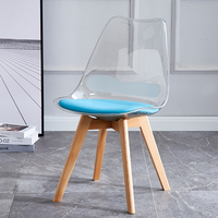 Chaise de salle à manger en plastique transparent pour l'extérieur, chaise de salle à manger en tulipe, siège et dossier en PC, coussin en PU, pieds en bois de hêtre