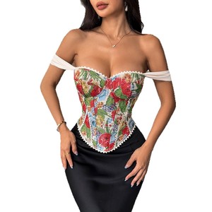 Top Corsé Acolchado con Estampado Floral para <span class=keywords><strong>Mujer</strong></span>, Bustier Sexy con Cordones y Ballenas, Top Corto para Salir, Top de Tirantes para Fiesta y Club, Corsé con Hombros Descubiertos - Product Image 5