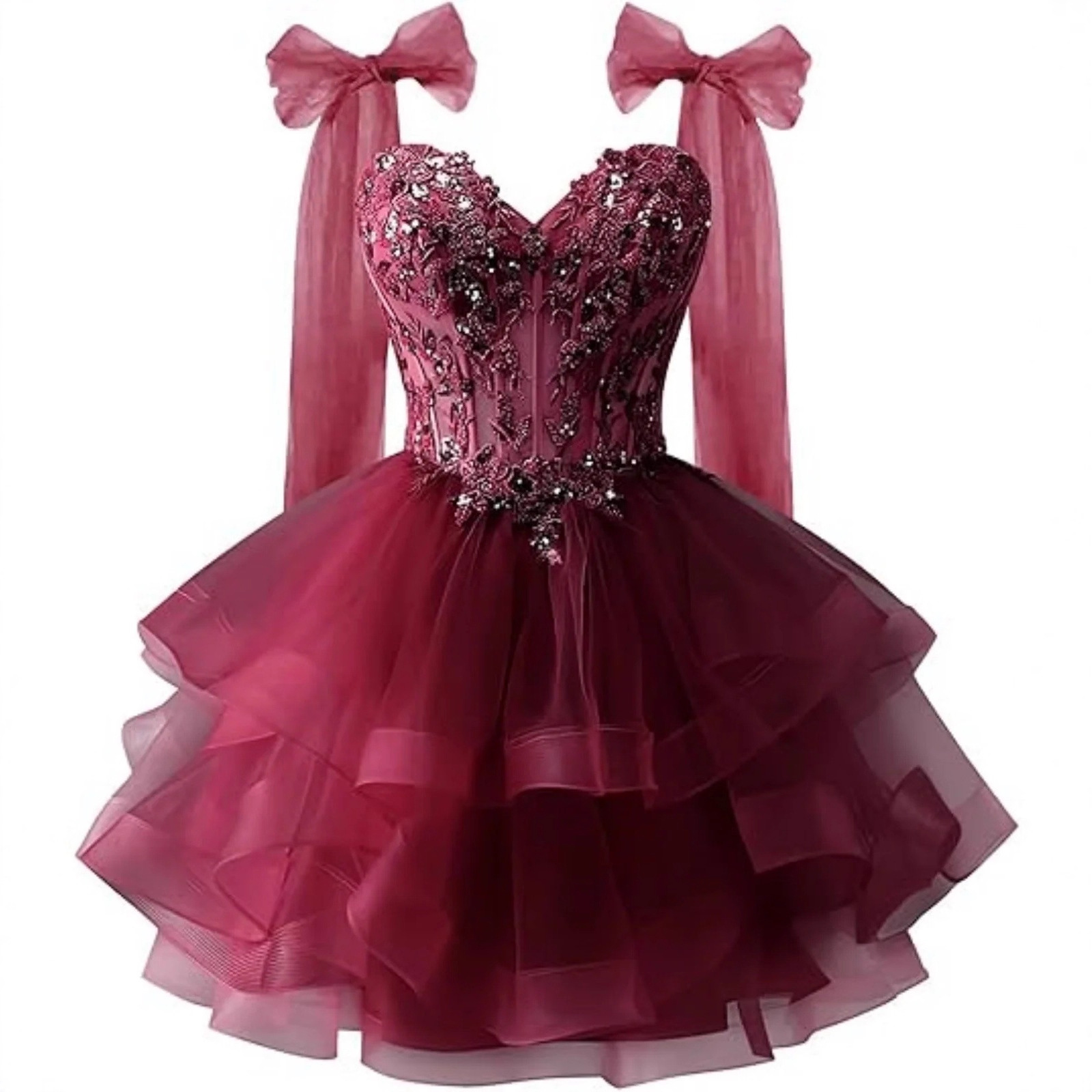 2025 Tiered Tulle Homecoming Dresses with Sparkly Lace, Bow Straps - Perfect for Prom and Quinceanera Celebrations 2025 Tiered Tulle Homecoming Dresses with Sparkly Lace, Bow Straps - Perfect for Prom and Quinceanera Celebrations