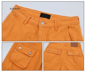 男性用バギーデニムショーツオレンジミッドウエストパンツビッグポケット付きダークウォッシュ織りジーンズショートパンツ男性用 - Product Image 6