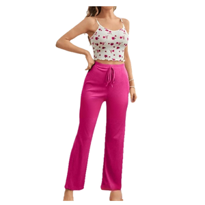 Ensemble <span class=keywords><strong>de</strong></span> pyjama pour femme, décontracté, en coton mélangé, à motif côtelé, à séchage rapide, taille élastique, sans manches, longueur totale, pour la saison <span class=keywords><strong>de</strong></span> printemps - Product Image 6