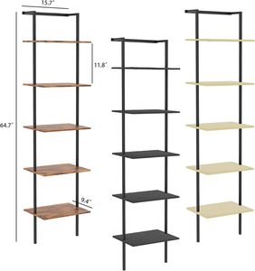 מדף סולם מודרני בן 5 קומות, מתכת, עץ, גבוה, פתוח, לתצוגה, לקיר, לבית, למשרד, לחדר שינה, לסלון, לעיצוב הבית - Product Image 2