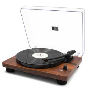 Tourne-disque <span class=keywords><strong>à</strong></span> 3 vitesses avec Bluetooth, finition bois, avec couvercle anti-poussière, lecteur de disques vintage avec haut-parleurs stéréo intégrés pour la maison - Product Image 1