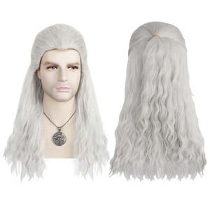 Halloween Hommes <span class=keywords><strong>Witcher</strong></span> Hunter Geralt <span class=keywords><strong>Cosplay</strong></span> Argent Blanc Perruque Cheveux Ondulés RMOV-40 - Product Image 1