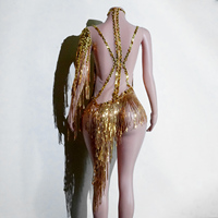 Robe à franges en strass dorés, maille nude, asymétrique à une manche, col montant, avec pompons, pour danse latine, drag, gogo et scène