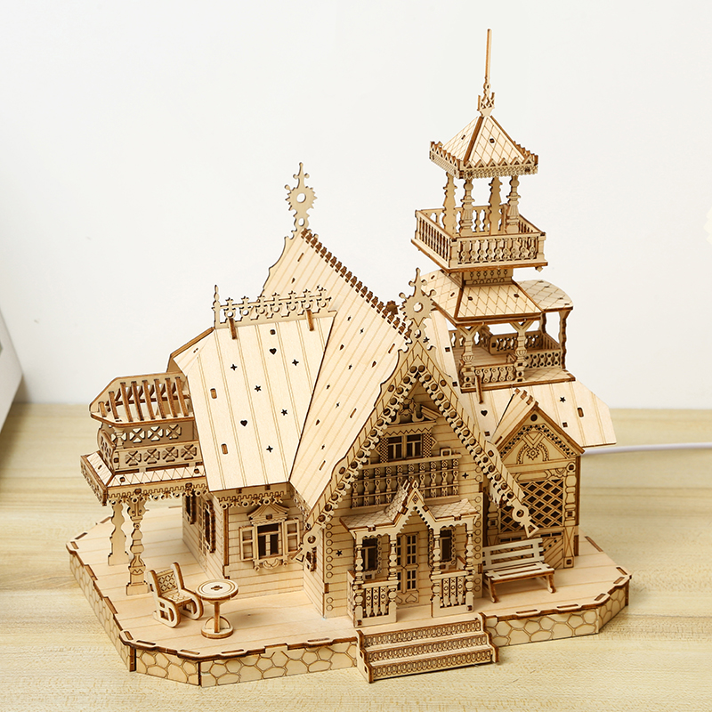 Retro Villa Kasteelvormige Houten Ambachten Ornamenten 3d Houten Legpuzzels Diy Handgemaakte Assemblage Cottage House Building Modelbouwpakket